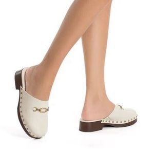 Larroude Cream Mules with Gold Accents